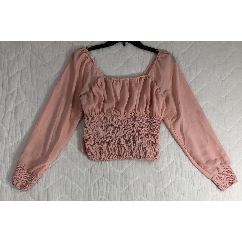 New Glory Blouse Women's Medium Light Pink Sheer Long‎ Sleeves Shirred Waist